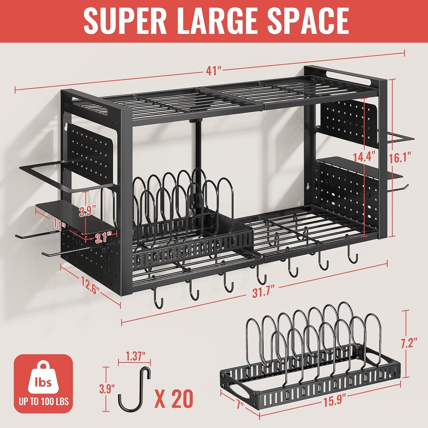 3-in-1 Wall-Mounted Pot Rack with Shelves and Hooks - Image 2