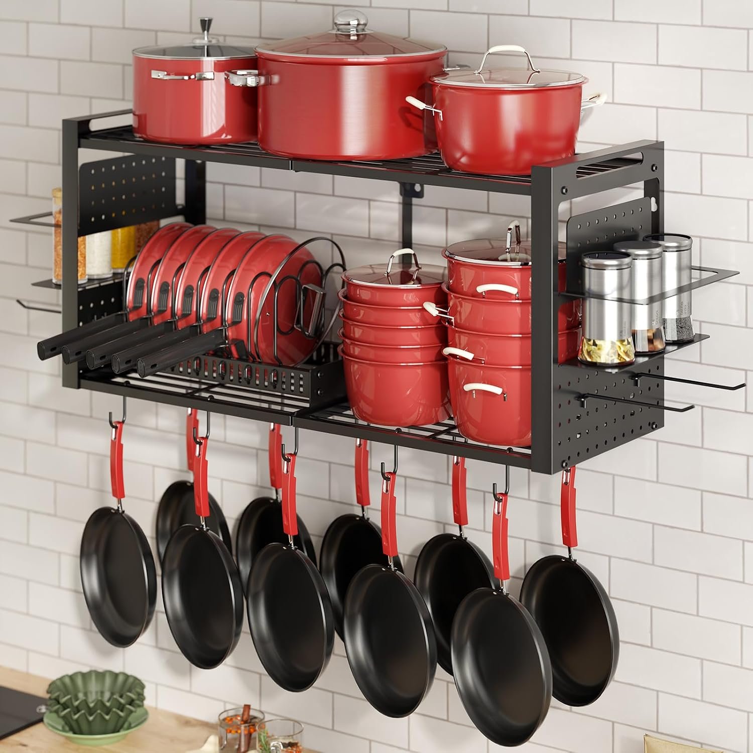 3-in-1 Wall-Mounted Pot Rack with Shelves and Hooks