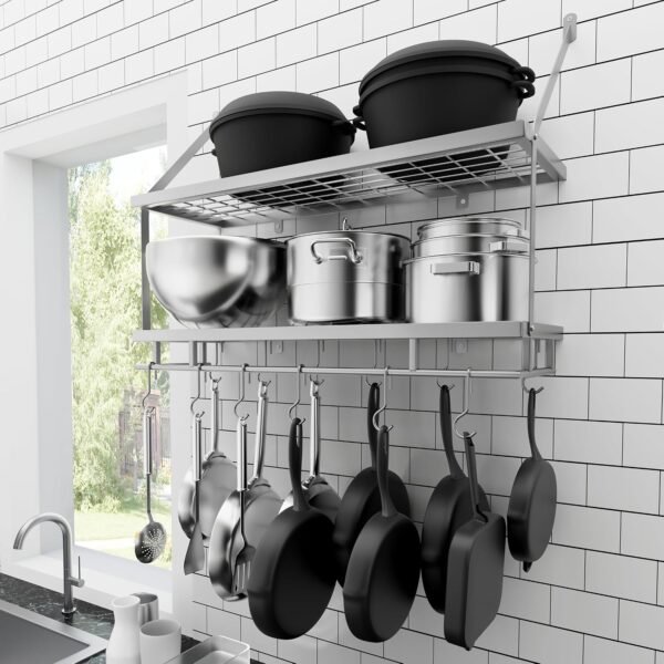Double-Layer Wall-Mounted Pot Rack with Hooks