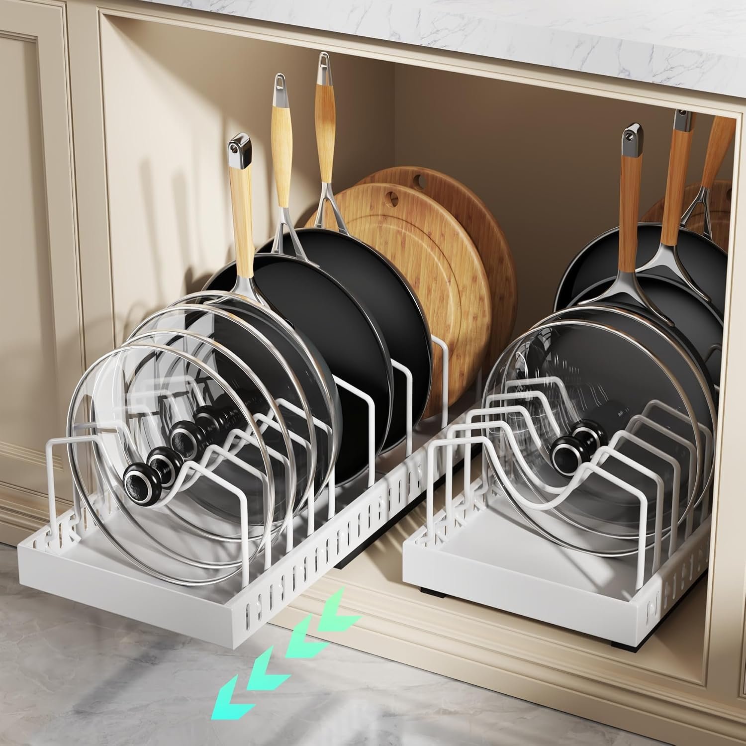 Pull-Down Pot Lid Organizer with Adjustable Dividers